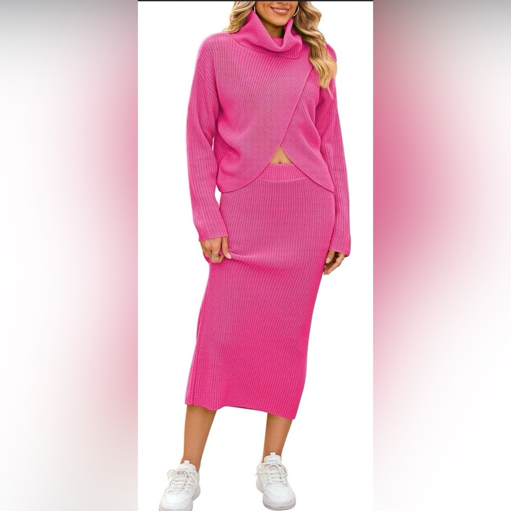 Pink Cowl Neck Knit Sweater and Skirt Set-NEW